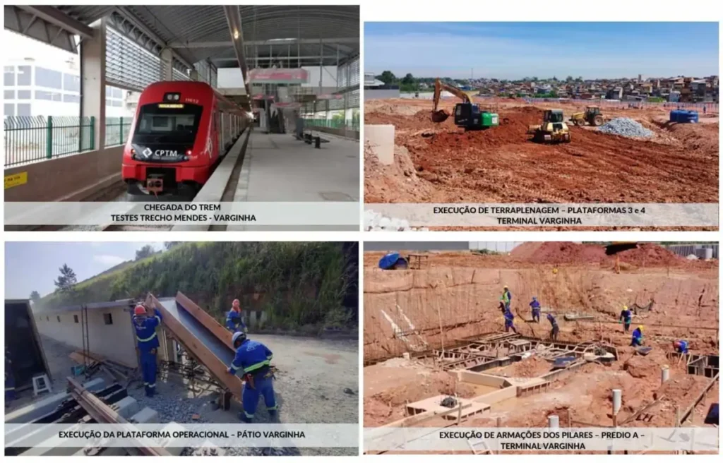 Quatro fotos que mostram as obras do novo terminal de ônibus Varginha e a primeira foto acima, à esquerda, é do trem estacionando na Estação Varginha