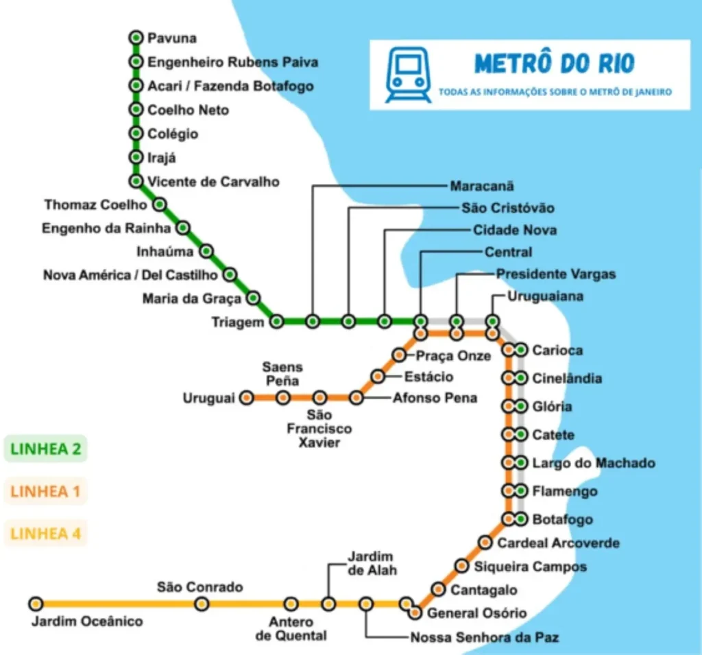 Mapa do metrô no Rio de janeiro, com as três linhas e as estações.