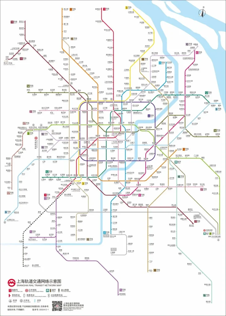 Mapa do metrô de Xangai na China, com as linahs e estações destacadas