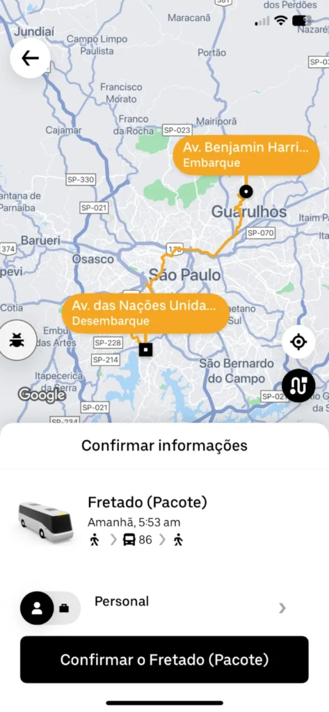 Printscreen da tela do aplicativo uber com a opção do Uber Shuttle aparecendo. Uma viagem entre Guarulhos e São Paulo.