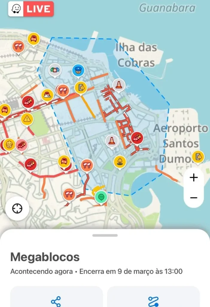 Exemplo de como o aplicativo Waze sinaliza as regiões mais movimentadas pelos mega blocos do Rio de Janeiro. Foto: Reprodução/Waze